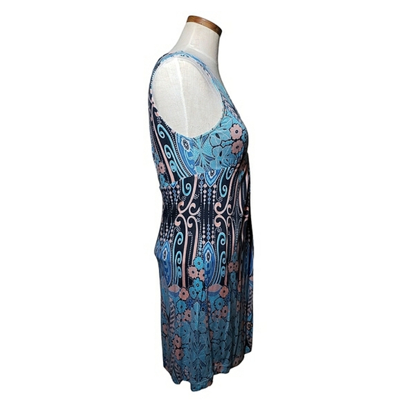 Free People Floral Boho Button Up Back Sleeveless Stretch Blue Mini Dress Size 6 - Picture 5 of 16